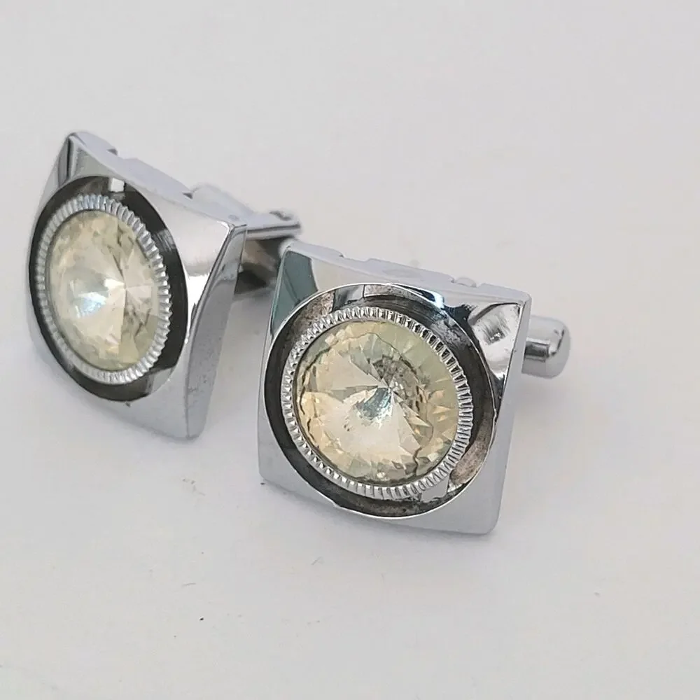 Contemporary Square Topaz Crystal Cufflinks Silver Tone Retro Glam Bullet Back